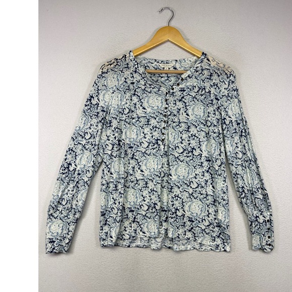 Lucky Brand Tops - Boho Lucky Brand Womens Medium Blue White Paisley Button Front Long Sleeve Top